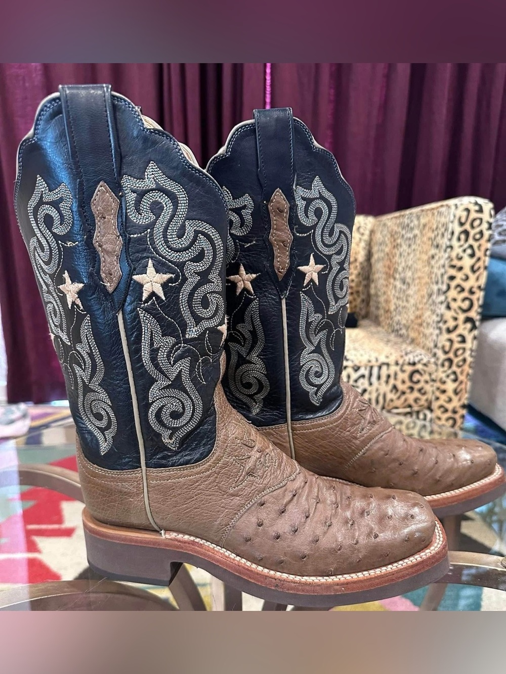 Lucchese Brown Ostrich & Black Embroidered Leather Western Heeled Boots